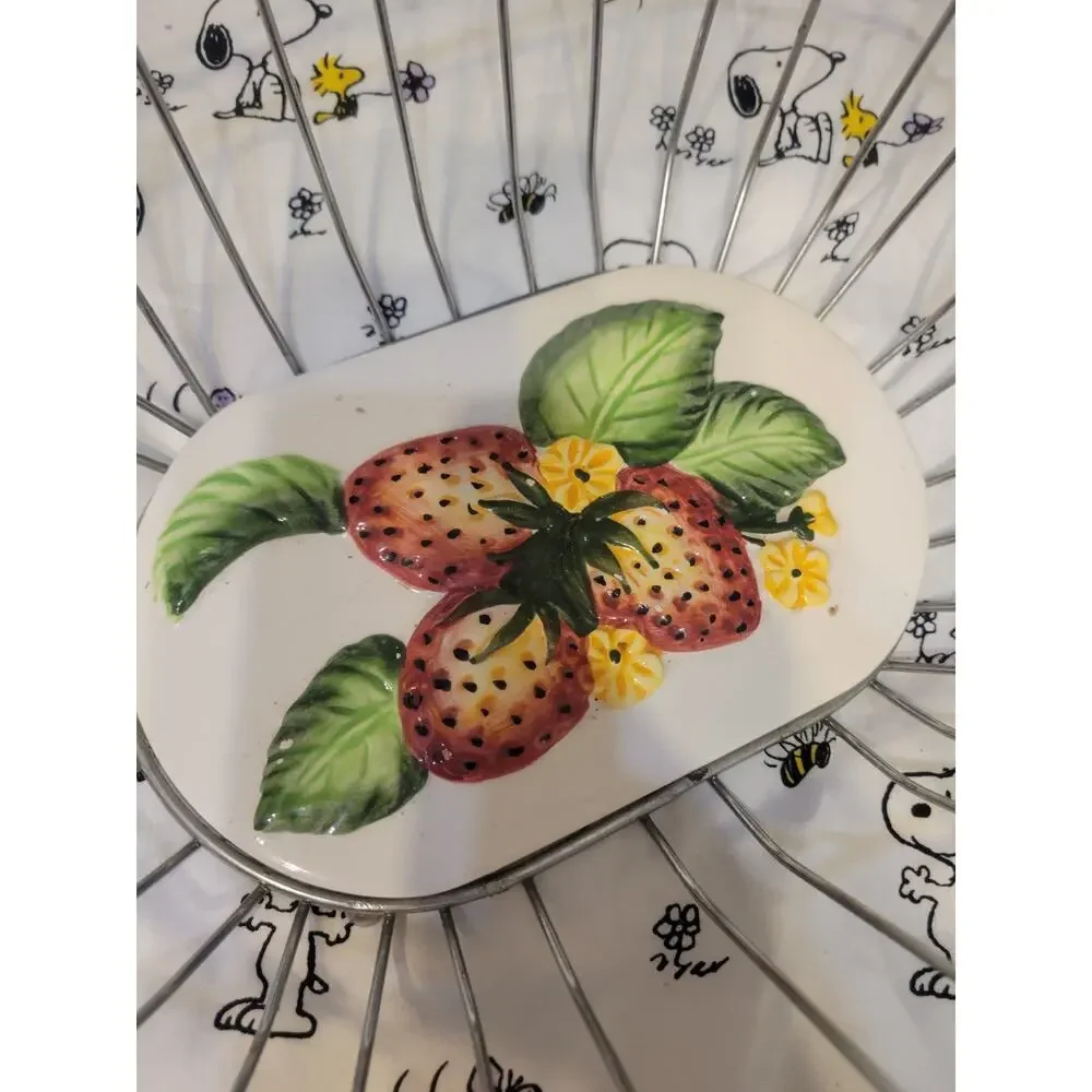 Large Metal Wired Display Bowl With Ceramic Tile Center Strawberries & Blossoms